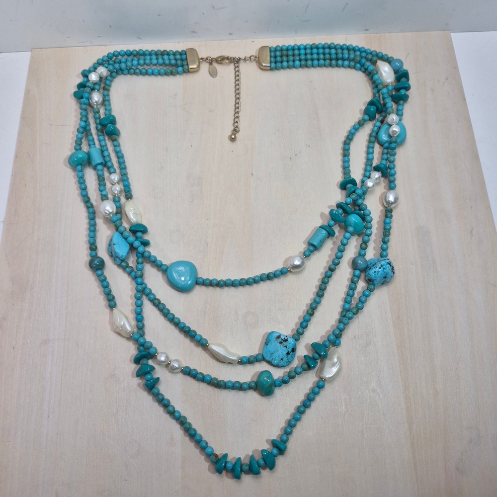 Turquoise and Pearl Beaded Necklace Bohemian Multi Stone Strand Jewelry